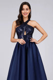 Cold Shoulder Sequin Navy Blue Prom Dresses Backless Satin Long Evening Dresses STK15132