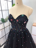 Elegant A Line Sweetheart Strapless Black Tulle Prom Dresses with Beading STK15578