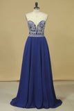 2024 A Line Sweetheart Beaded Bodice Prom Dresses Dark Royal Blue Chiffon Floor P482H3JN