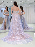 Charming Sweetheart Strapless Lace Appliques Lilac Prom Dresses with STK20404