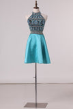 2024 New Arrival High Neck Beaded Bodice A Line Satin Short/Mini Homecoming P4X6AYML