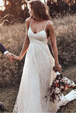 Rustic A Line Lace Backless Spaghetti Straps Wedding Dresses, V Neck Bridal Dress STK15591