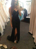 Black Long Sexy V-Neck Side Slit Sequins Sparkle Sleeveless Evening Dresses