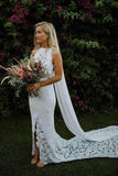 Charming Sheath Lace Bridal Gown with Slit Open Back Ivory Boho Wedding Dresses STK15124