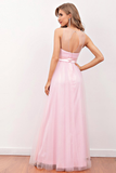 Pink Illusion Back Long Bridesmaid Dress