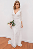 Elegant V Neck White Bridesmaid Dress with 3/4 Sleeves