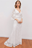 Elegant V Neck White Bridesmaid Dress with 3/4 Sleeves