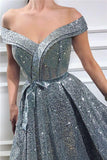 Elegant Sequins Off the Shoulder Sleeveless Prom Dresses, Silver Slit Evening Dresses STK15199