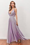 Lilac Deep V Neck Long Prom Dress with Cross Straps