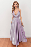 Lilac Deep V Neck Long Prom Dress with Cross Straps