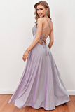 Lilac Deep V Neck Long Prom Dress with Cross Straps