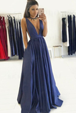 Simple Deep V-Neck Open Back Long Blue Prom Dress with Pockets