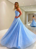 Sky Blue A-Line Lace Strapless Sweetheart Formal Evening Dresses Long Prom Dresses