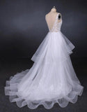 Elegant V-neck Tulle Open Back Wedding Dresses, Asymmetrical Long Bridal Dresses STK15217