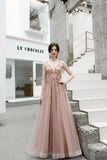 A Line V Neck Pink Beads Straps Prom Dresses Lace up, Long Dance STK20387