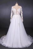 Long Sleeves White A-line Tulle Beach Wedding Dresses with Lace Appliques, Bridal Dress STK15255