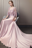 Pink A-Line V-Neck Satin Prom Dress with Appliques