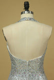 2024 Prom Dresses Halter Sequines With Beading Open Back PF9S54YL