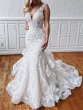 Stunning Mermaid Lace V Neck Backless Wedding Dresses Straps Wedding Gowns STK15438