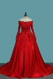 2024 Long Sleeves Satin Ball Gown Off The Shoulder Prom Dresses With Applique PKEGFGAK