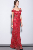 Long Red Mermaid Off-the-Shoulder Prom Dress with Sequins