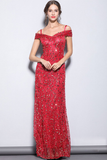 Long Red Mermaid Off-the-Shoulder Prom Dress with Sequins