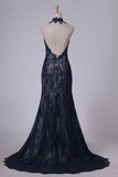 2024 Halter Open Back Sweep Train Lace Mermaid Prom PQY8M4XZ