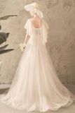 Unique Tulle Lace Long Wedding Dress Ivory Short Sleeves Lace Up Back Bridal SRSPK2YQ77B