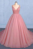 Ball Gown V Neck Tulle Prom Dress With Beads Puffy Sleeveless PT5MXTY9