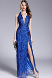 Sheath Long V-Neck Sequins Prom Dress with Split