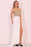 2024 Spandex Halter Beaded Bodice Mermaid Sweep Train Prom Dresses With Slit