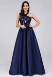 Cold Shoulder Sequin Navy Blue Prom Dresses Backless Satin Long Evening Dresses STK15132