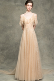 A-Line V-Neck Backless Champagne Long Prom Dress