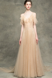 A-Line V-Neck Backless Champagne Long Prom Dress