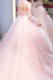 2024 Pink Ball Gown Jewel Long Sleeves Sweep/Brush Train Lace Tulle PFJFBNQK