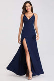 Sexy V Neck Long Spaghetti Straps Mermaid Navy Blue Prom Dresses with High Split STK15366