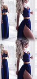 Two Piece V-Neck Floor-Length Royal Blue Stretch Satin Prom Dresses With Lace