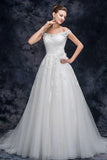 Off the Shoulder Tulle Wedding Dress with Lace Applique, A Line Long Bridal Dresses STK15273