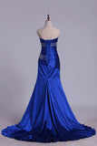 2024 Mermaid Strapless Dark Royal Blue Sweep Train Elastic Satin With Beadings Prom P5JQPBT3