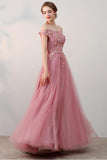 Chic A-Line Off-the-Shoulder Pink Appliques Lace-up Tulle Modest Long Prom Dresses