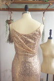 Gold Sequin Deep V-Neck Open-back Spaghetti Strap Side Slit Prom Dresses