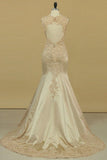 2024 V Neck Mermaid Open Back Wedding Dresses Satin With Applique PP2RPYRG