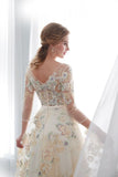 A Line Floor Length Floral Prom Dresses 3/4 Sleeves A-Line Empire Waist Long PLHKMBHK