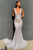 Sexy Deep V Neck Sequined Prom Dresses, Stunning Backless Mermaid Evening Dresses STK15595