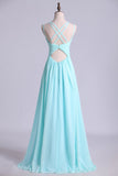 2024 Prom Dress Spaghetti Straps Chiffon A Line Ruffled Bodice With Criss Crossed Back