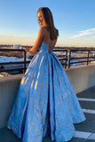 A Line Spaghetti Straps Blue Lace V Neck Prom Dresses with Lace up, Long Dance Dresses STK15025