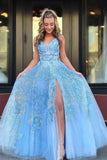 Elegant A Line Lace Appliques Blue V Neck Prom Dresses, Long Evening STK15635