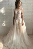 Ivory Elegant Sheer Neck Cap Sleeves Tulle Beach Wedding Dress With STKPGYBB4G9