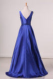 2024 Satin Prom Dresses Straps Beaded Waistline A Line P1LKZAJK