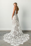 Hottest Elegant Spaghetti Straps Backless Long Simple Ivory Lace Beach Wedding Dresses